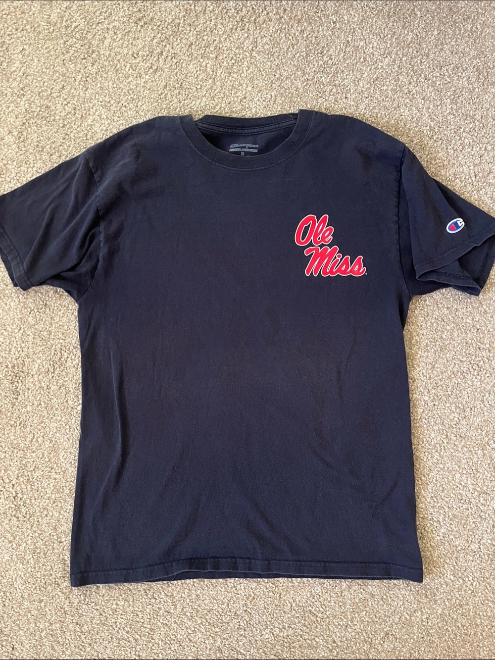 Ole Miss Navy Tee by Champion with Red Ole Miss Script